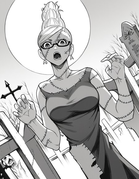 score_9, score_8_up, score_7_up, source_anime, <lora:seiko-ayase-manga-ponyxl-lora-nochekaiser:1>, seiko ayase, long hair, large breasts, monochrome, greyscale, earrings, glasses, hair bun, semi-rimless eyewear, under-rim eyewear,, <lora:zombie-ponyxl-lora-nochekaiser:1>, zombie, colored skin, stitches, grey skin, multicolored skin, stitched face, zombie pose, halloween, halloween costume,, night, moon, graveyard, tombstone, grave, open mouth, , dutch angle, cowboy shot