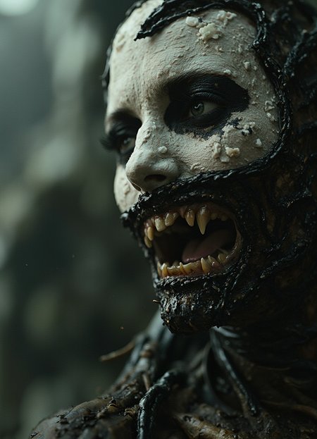 hyperrealistic art This image presents a hauntingly realistic depiction of a zombie-like creature emerging from a dark, murky pool of water. The creature's head and upper torso are visible above the surface, its pale skin contrasting with the surrounding darkness.
The creature's face is distorted, with sunken eyes that seem to stare into the soul. Its mouth is open, revealing crooked teeth stained yellow by decay. A thick layer of mucus covers its lips and chin, adding to the overall sense of horror and disgust.
In the background, a dark forest looms, with trees looming in the distance. The atmosphere is tense and foreboding, as if something sinister lurks just beneath the surface of the water. The image's use of shadows and lighting creates an eerie mood, drawing the viewer's attention to the creature's grotesque features.
Overall, this image is a masterclass in horror photography, capturing the essence of terror and unease with a single, haunting shot. extremely high-resolution details, photographic, realism pushed to extreme, fine texture, incredibly lifelike