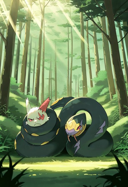 (masterpiece, best quality, high quality, highres), very awa, highres, absurdres,
(chii-kun \(seedyoulater\):0.5),
(no humans:1.1), (cute:1.2), comfy, duo, 
pokemon, pokemon \(species\),
Zangoose bound by snake, wraped, upset, angry,
cosy, meadow, forest, day, sunlight, sun rays,
