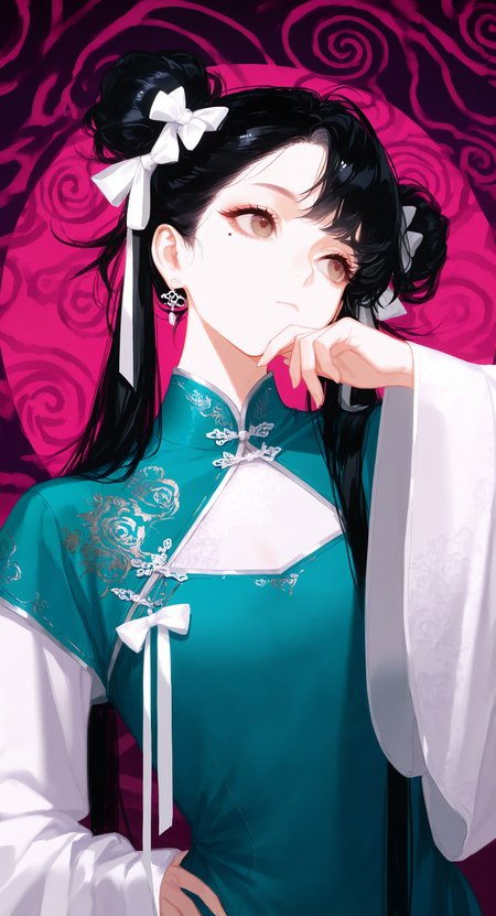 masterpiece, best quality, good quality, very aesthetic, absurdres, newest, 1girl, solo, long_hair, shirt, black_hair, Big_eyes, long_sleeves, chinese_clothes, bow, ribbon, closed_mouth, jewelry, twintails, brown_eyes, white_shirt, upper_body, hair_ribbon, hair_bow, earrings, hand_up, wide_sleeves, (looking_to_the_side:1.2), hand_on_own_hip, mole_under_eye, blue_dress, see-through, chinese_clothes, white_bow, white_ribbon, china_dress, green_dress,hand_on_own_chin, thinking, stroking_own_chin,facing_viewer, Side head,shuangyaji,messy hair,
Suspense, doubt, suspicion,spiral background <lora:ponyv5_noobV065S_1_adamW-000013:0.7> <lora:USNR_STYLE_XL_lokr:0.45> <lora:wl-illV1-000017:0.7> <lora:zzziGnXL_il_lokr_V531:0.5>