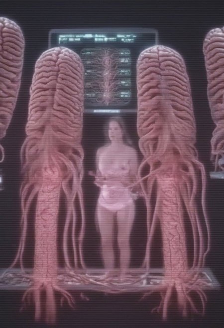 crt style tvs sets multiple human brains emerging from 5 women glowing massive amounts of intestines and cables woven together inside multiple modern television sets in technology warehouse