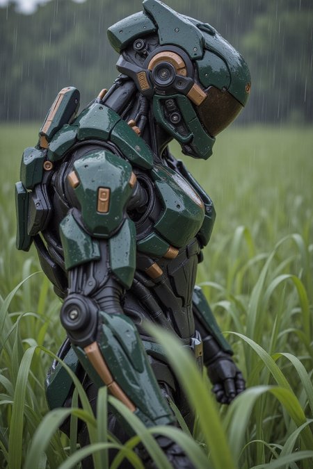 Dark, futuristic armored figure, standing in a lush, grassy field during a heavy rain.  Detailed, intricate, dark-green armor, heavily textured and with metallic accents, covers the entire body.  Visor and other face elements are concealed by the helmet.  The armor shows signs of water, with rain droplets clinging to the surface.  The figure’s posture is contemplative and slightly hunched.  The field is a vibrant green, with tall grass that reaches the character's lower body.  Heavy rain is falling, creating a diffused, dramatic lighting effect.  The overall atmosphere is one of mystery and melancholy, with the heavy rain enhancing a sense of solitude and isolation.  The scene is rendered in a detailed, realistic style with a focus on form and texture.  The perspective is from a slightly lower angle, focusing on the figure and the surrounding landscape, which are both filled with natural detail.  A muted palette of dark greens, grays, and browns dominate, with highlights of light gray and gold.  The style is cinematic, evocative of a sci-fi or fantasy film, emphasizing the visual weight of the character and the landscape.,cyberpunk