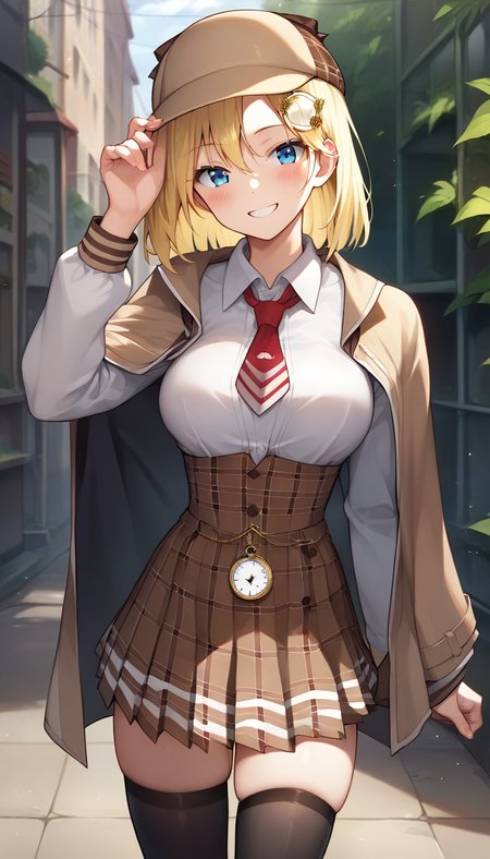 score_9,score_8_up,score_7_up,score_6_up BREAK official art,solo,outdoors,cowboy shot,looking at viewer,facing viewer,smile,blush,Watson Amelia,detective,brown headwear,blonde hair,medium hair,bob cut,monocle hair ornament,hair between eyes,parted bangs,blue eyes,collarbone,brown capelet,red necktie,short necktie,white shirt,collared shirt,medium breasts,skindentation,long sleeves,pocket watch,high-waist skirt,brown skirt,pleated skirt,plaid skirt,zettai ryouiki,thighs,black thighhighs,loafers,<lora:Watson Amelia(vtb)-Pony:1.4>,