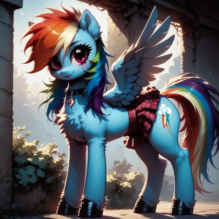 score_9, score_8_up, score_7_up, score_6_up, high resolution, hight detailed, high quality, intricate detail, detailed, (((feral pony))), solo, bitter, fluffy, fur, cute face, cute, wide hips, wide thighs, dark theme, full body, female pony, mare, ((rainbow dash)), wings, (short body), (long legs), (lanky), petite build, egirl, emo girl, ((black streak)), hair over one eye, thick mascara, choker, miniskirt, ((plaid skirt)), midriff, looking to the viewer, standing, Curvy figure, solo, side view