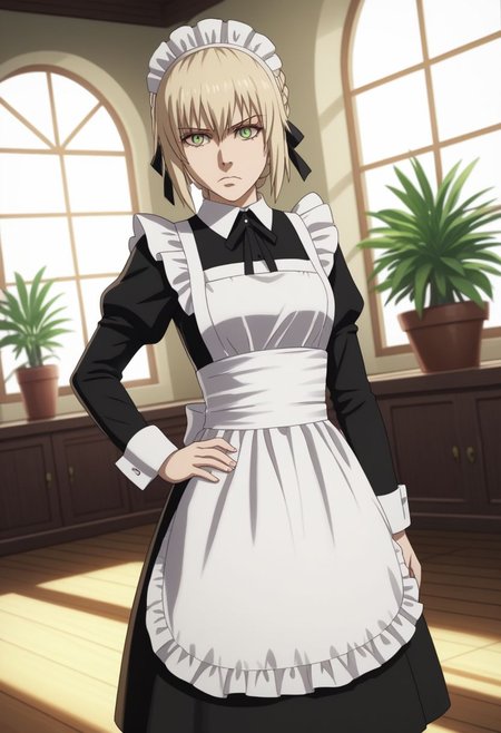 ffxv style, 1girl, clothed, saber alter, indoors, potted plant, window, sunlight, by kasumi \(skchkko\), looking at viewer, serious, dutch angle, maid uniform, braid, double middle finger,, anime coloring, 2d, flat coloring, cel shading, cel shaded BREAK  PonyXLV6_Scores