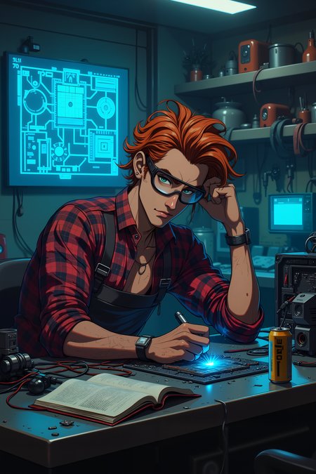 At the heart of a high-tech workshop, a ridiculously good-looking man with tousled auburn hair and striking green eyes sits hunched over a sleek metal workbench, a soldering iron in one hand and a half-assembled circuit board in the other. His rolled-up plaid sleeves reveal toned arms dusted with bits of wire and solder, while his safety goggles rest slightly askew on his nose. Around him, shelves overflow with robotic limbs, disassembled drones, and half-finished inventions, illuminated by the flickering blue glow of holographic schematics projected above his workspace. A tangle of neon wires snakes across the table, connecting to a glowing AI core that pulses like a heartbeat beneath his fingertips. His smirk is subtle but unmistakable, the confidence of a genius who knows exactly what heâs doing. A well-loved sci-fi novel sits open on a nearby stool, next to an energy drink thatâs long since gone warm. The room hums with the quiet buzz of machines, and the faint scent of metal and ozone lingers in the air. He leans back for a moment, running a hand through his messy hair, as if contemplating whether to build the next great invention or simply charm the universe with his effortless cool. , detailed background  Fantastic lighting. Detailed shadows.intricate details, vivid colors, hyper-detailed, ultra-sharp, , <lora:aesthetical-000003:0.15><lora:aidmaNSFWunlock-FLUX-PonyStyle-v0.1:0.15><lora:Flux-jijia:0.1><lora:GLSHS:0.6>