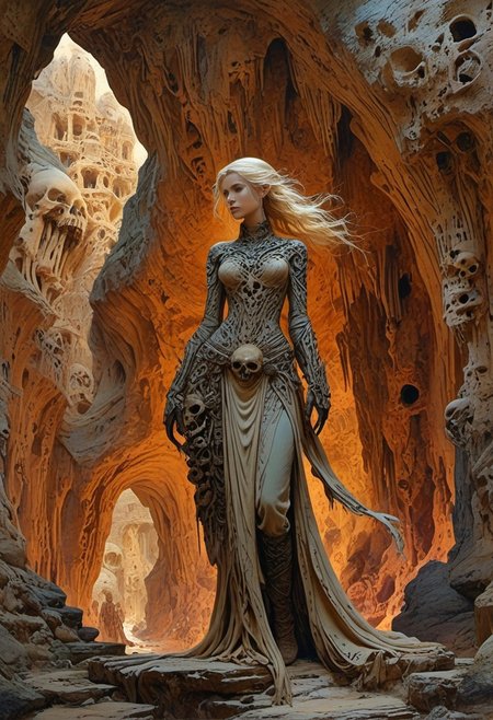 A beautiful blonde, standing in a cave, high quality fantasy art, Full skull arm with strange architecture and down on a suspended mid-air jet.  stunning color scheme, high use of black ink, masterpiece maximalist. intricately detailed, complex, and fluid lines, all interwoven to create a sense of rhythm and flow.