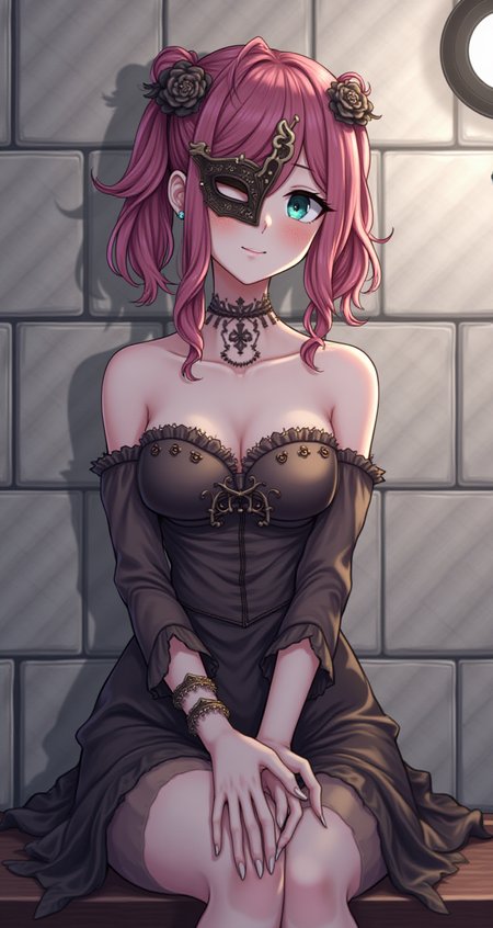 score_9, score_8_up, score_8, score_7_up, score_7,  adult female,tiny tits, flat , female, neon hair, long hair, hair, hair over one eye,  dark eyebrow, cute face,  freckles,  ear piercing,  anime girl, petite body, thin, short,small face ,  ,  cute, easynegative,    blushing,
Masquerade Ball Guest: Elegant gown, intricate mask, gloves, ornate jewelry, updo hairstyle, mysterious, sophisticated.
score_9, score_8_up, score_7_up, score_6_up, slim girl, perfect small breasts,,  blushing nose, twin short ponytail,  knees together,  outside against tile wall of building, lamp white light, tiled wall, cowboy shot, stay near wall, chest up, knees together
sinozick style,g4n1m3,