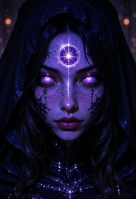 A mystical sorceress, her face partially shrouded in shadow. Her eyes are the centerpiece—deep, glowing violet orbs that pulse with the power of the void. The irises swirl with dark energy, reflecting galaxies and distant stars, giving her gaze an otherworldly allure. Her long, jet-black hair falls in soft waves around her face, and faint sigils are etched across her pale skin, glowing faintly in the darkness. Her lips part slightly as she murmurs an incantation, and the scene is bathed in a subtle, eerie light, emphasizing the arcane power radiating from her gaze.