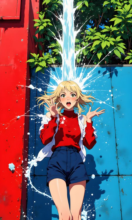 Closeup portrait capturing a spontaneous and energetic moment of a 25-year-old woman that stands against a bright red painted wall with lush green foliage peeking through in the background. She wears a deep blue short skirt paired with a red pullover and a loose, white sleeveless shirt, creating a striking contrast against the serene blue wall. Her blonde hair is caught mid-movement as a sudden large vertical jet of water hits her head, cascading down dramatically.
Her expression is one of shock and surprise, her wide eyes and parted lips conveying the unexpected nature of the moment. Her hands are raised in an energetic gesture, reacting instinctively to the splash, while her legs are crossed with one foot stepping forward, adding dynamic movement to her pose.
The vibrant colors, combined with the action and her startled yet graceful posture, create a lively and engaging scene. The interplay of her deep red outfit against the cool tones of the wall and the greenery adds depth and contrast, while the water's motion enhances the energy and spontaneity of the composition.
j_art, anime, anime art, <lora:FLUX\jul\J_Anime:0.7>, <lora:FLUX\RealAnime:0.7>