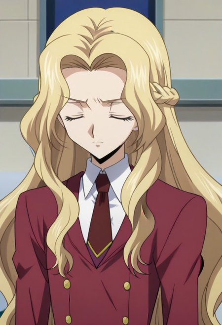 anime screencap, masterpiece, best quality, Code Geass anime art style, <lora:Nunnally_Lamperouge:1>Nunnally Lamperouge, 1girl, ashford academy school uniform, long hair, necktie, school uniform, closed eyes,