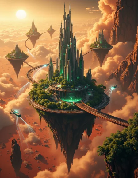Suspended in the vast expanse of space, a mesmerizing chain of islands drifts serenely in orbit around the red planet, Mars. Each island hovers at a different altitude, their surfaces adorned with lush, emerald foliage that flourishes beneath the glimmering force fields enveloping them like protective shields. The shimmering barriers ripple like liquid light, refracting the harsh glow of distant stars and painting the sky with an ethereal iridescence.
Expansive land bridges connect these celestial wonders, their structures crafted from advanced alloys that gleam under the golden radiance of a nearby sun. Towering skyscrapers, sleek and futuristic, rise like monolithic sentinels from the dense greenery, their crystalline facades pulsing with streams of neon energy. Some seem to touch the heavens, their uppermost floors disappearing into the wisps of cosmic mist that swirl around them.
Above and below, sleek shuttles weave through the intricate pathways of this orbital oasis, descending gracefully toward the Martian surface in choreographed arcs of propulsion and light. Each craft leaves behind a faint, luminescent trail as it navigates through the shimmering force fields, vanishing into the crimson haze that blankets the planet below. The scene is a breathtaking fusion of sci-fi wonder and mystical grandeur, rendered in stunning 8K detail with the magic of Unreal Engine, Octane Render, and the unparalleled realism of ray tracing. It is a vision of a world where technology and fantasy entwine, suspended in the cosmos like an artistâs dream brought to life. <lora:Flux_Detailer_v3:0.8> Jeddtlv3 <lora:Test:0.8> n1t3_du5t