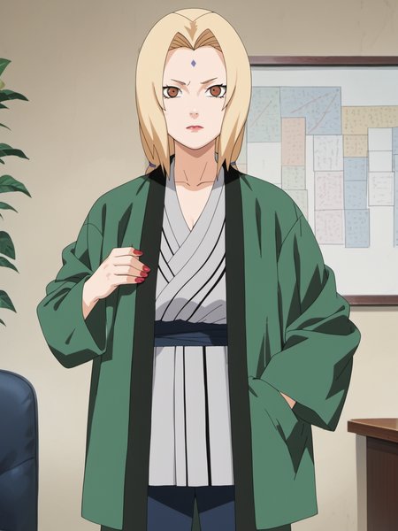 naruto style, hard shadows, anime_screencap, anime_core, score_9, score_8_up, score_7_up, solo, <lora:tsunade_train_v5:0.9>, tsunade,brown eyes,uper body,sunade's green Jacket \(outfit\), red nails,indoors, looking at viewer,  front view