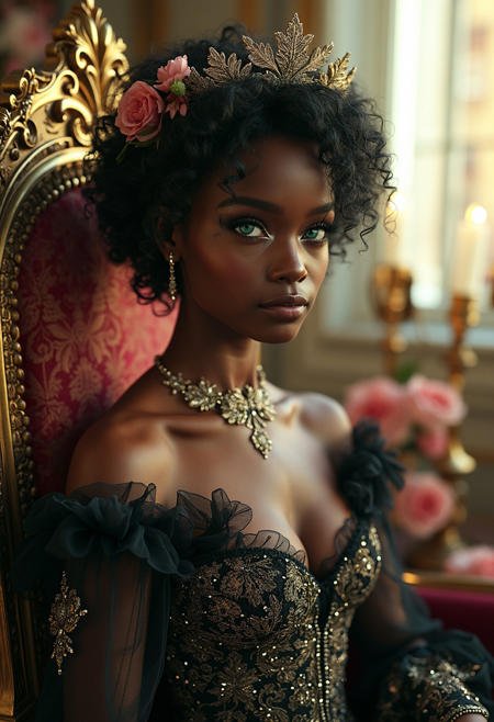 a beautiful hyperdetailed physical render of an absolutely beautiful dark skinned princess with short curly hair that perfectly frames her face and deep emerald green eyes. She is wearing a black rose gothic style wedding dress covered in gold embroidery and platinum filigree. the delicate lace of her clothing is accented by blooming pink flowers decorating her opulently decorated throne covered in sparkling gold engravings seemingly glowing in the warm candlelight. intricately detailed, beautiful delicate face and head, dazzling light beams penetrate through the window giving off perfectly shaded atmospheric lighting., by Giger, Tim Burton, Artgerm, hyperdetailed