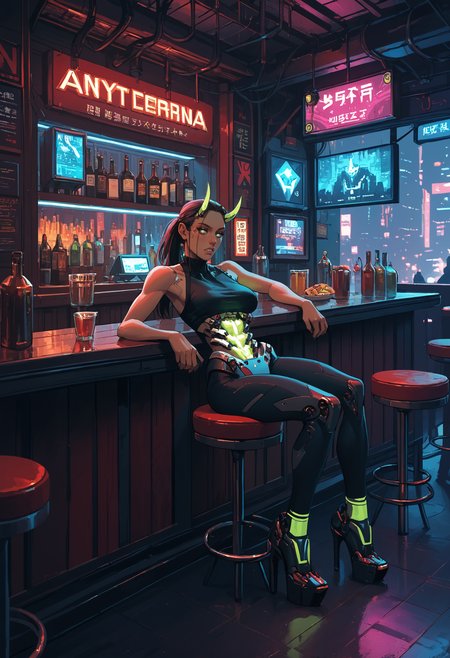 score_9, score_8_up, score_7_up, 1girl, solo, sitting, restaurant, booth seating, bar, window, neon lights, horns, crop top, thighs, (mechanical teeth), (mechanical mask:0.3), (mechanical torso:1.5), glowing clothes, city at night, scenery, highly detailed, science fiction, metropolis, cyberpunk, big breasts, dreamy eyes, bored, long hair, ponytail,
 <lora:ArmorPunkV4:1> arm0rpunkv4, mechanical shoes, high heels, strappy heels, leggings,