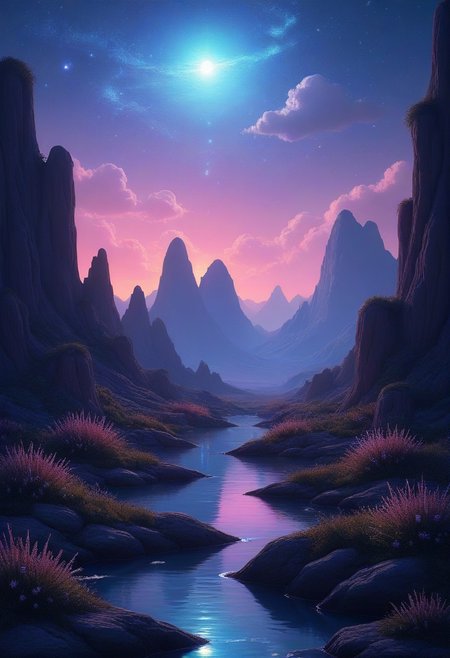 A serene fantasy landscape. Bioluminescent plants speckle this almost barren land. Distant crooked mountains give a pristine skyline which opens up to the neighboring planets shimmering in the night sky. A few fluffy clouds appear in what is otherwise a crystal-clear night sky.