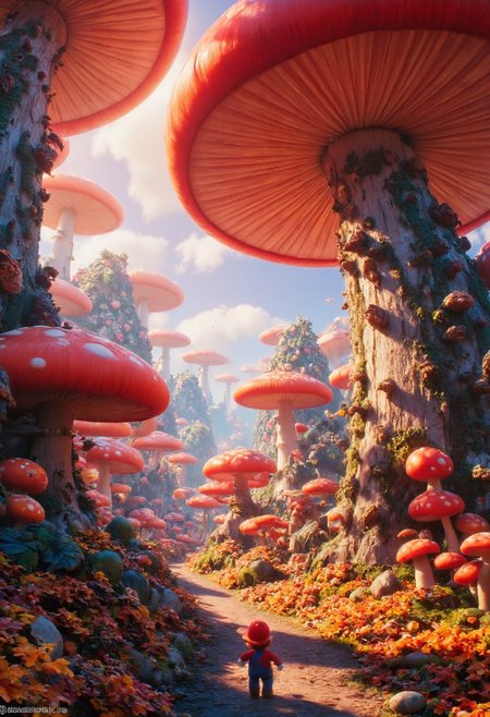 A fantasy landscape featuring an enchanted forest filled with massive, oversized red mushrooms with realistic textures and glowing edges. The forest floor is covered in vibrant autumn foliage and soft moss. Sunlight filters through a gentle mist, casting warm golden beams across the scene. Mario walks down a narrow forest path, emphasizing the scale of the gigantic mushrooms. The atmosphere is whimsical, magical, and dreamlike, with a surreal balance of realism and fantasy elements. Soft focus in the background enhances the depth and otherworldly feel,Mario style