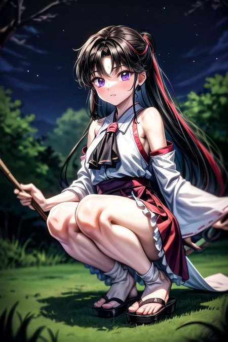 masterpiece,  best quality 1girl Setsun4 solo long hair,  (night time) forest background black hair very long hair purple eyes multicolored hair armor (fur trim) (medium body),<lora:EMS-179-EMS:0.800000>,<lora:EMS-293862-EMS:0.800000>ascot, bare shoulders, black footwear, detached sleeves, embellished costume, frills, japanese clothes, nontraditional miko, red skirt, sandals, sarashi, skirt, socks, armor, miko