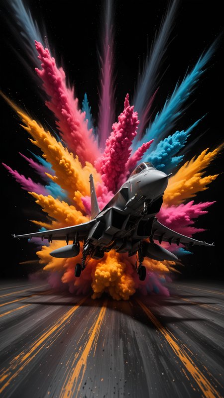A stock photo of a Typhoon Jet Fighter Plane in a dark luxurious room, (from the side),  shiny floor, RGB rim lighting, swirling colors in the backdrop. Ultra detailed, side angle. high budget Hollywood movie, volumetric, Painstaking Attention To Detail, (Use Dream Diffusion Secret Prompt), UHD, racing through LIQUID METAL, liquid metal sprays up from the Jets engines, jet plane drifting in a black void , UHD, <lora:Colorful_Powder_Explosion_-_By_DICE:0.6>, Colorful Powder Explosion