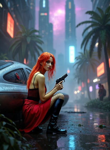 Photograph of a young woman with long red hair sitting on the ground in front of a car. She is holding a gun in her right hand and appears to be looking at it intently. The car is parked on a wet street with palm trees and buildings in the background. The sky is dark and cloudy, and there are neon signs and buildings visible in the distance. The overall mood of the image is eerie and mysterious. <lora:add-detail-xl:.5>  <lora:Flux-style-xl-lora:.5>