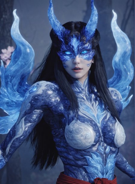 portrait of absolutely beautiful woman,1girl, <lora:niohxlyaki2-step00000420:1>,niohxlyaki,blue yokai form,epic,cinematic,masterpiece,scenery in the background