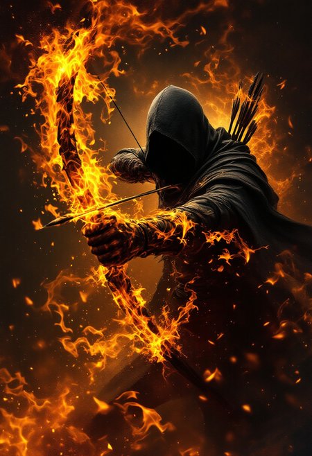 Image is a digital artwork depicting a dynamic and intense scene. The style is highly detailed and dramatic, with a focus on lighting and motion. The layout centers on a hooded archer, whose face is obscured by the hood, creating a mysterious and intense atmosphere. The archer is pulling back a bowstring, ready to release an arrow, with flames swirling around the figure, adding a sense of urgency and power. The background is dark and smoky, enhancing the fiery elements and highlighting the archer's silhouette. The color palette is dominated by warm tones of orange and yellow from the flames, contrasting with the dark, shadowy figure. The overall composition conveys a sense of action and fantasy, with a strong emphasis on the interplay between light and shadow.
