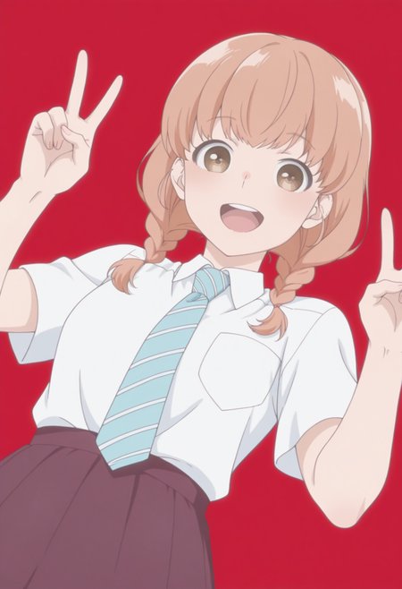 anime screencap, anime coloring, <lora:DX888Momoko:1>  sudou momoko, brown eyes, medium hair, twin braids, BREAK simple background, red background,  BREAK  school uniform, white shirt, striped necktie, skirt BREAK  1girl, cowboy shot, double v, hands up, happy, looking at viewer,  open mouth, solo, teeth, upper teeth only, v,  upper body, from from below, dutch angle,