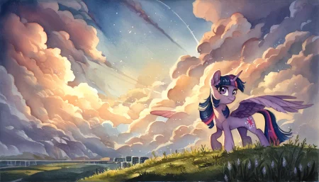 score_9, score_8_up, score_7_up, score_6_up, score_5_up, score_4_up, rating_safe, twilight sparkle, alicorn, female, mare, pony, solo, beautiful, g4, grass, scenery, sky, vertigo, backlighting, twilight sparkle \(alicorn\), watercolor painting, traditional art, detailed, beautiful, <lora:MLP_Watercolor_Painting_v1-000006:1>