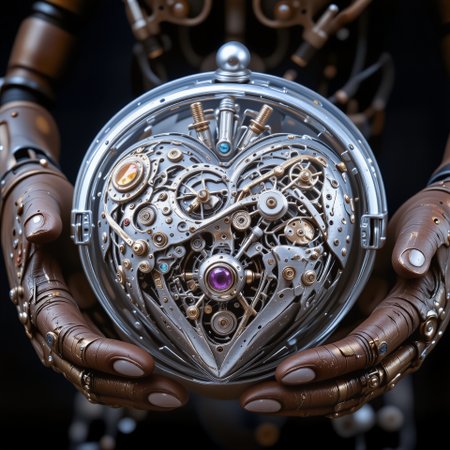 Close-up: The robot's rusty, worn hands hold a giant, sparkling mechanical heart with a transparent lid, under which gears, springs, screws, and precious stones are visible. Some of the heart's parts are shiny chrome, while others are made of gold. The mechanical heart is huge, but it looks disturbingly fragile. You can see the smallest details, the patina, the cracks. The image shown evokes sadness, a sense of tragedy., <lora:Hand v2.safetensors:0.6:0.6> <lora:Sinfully_Stylish_.02_for_FLUX-000002.safetensors:0.6:0.6> <lora:flux.1_lora_flyway_Epic-detail_v2.safetensors:0.6:0.6>