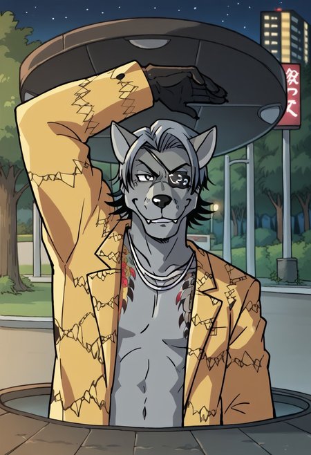 score_8_up, score_9, anthro, solo, male, kiryukazuma, canine furry wolf character ith gray fur, majimaDEF, eyepatch, tattoo, necklace, jacket, animal print, open clothes, black gloves, smirk, night, park, muscular, Majima everywhere, manhole cover, arm up