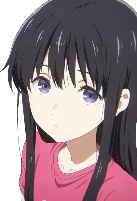<lora:CUeno:1>
absurdres, high quality, masterpiece, very awa, anime screencap, 8k, absurd res
1girl, cueno, long hair, black hair, purple eyes,  detailed face,
portrait, expressionless,   pink t-shirt, looking at viewer, white background,   from above,   head tilt,