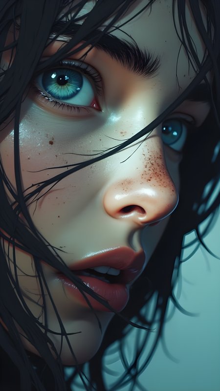 The portrait is a striking close-up that captures the subject with an intense and captivating presence. Her face is partially framed by dark, tousled hair that falls loosely around her features, adding a sense of raw emotion and vulnerability to the image. Her eyes are the focal pointâlarge and piercing, their vibrant blue hue drawing the viewer in with an almost hypnotic intensity. Long, defined lashes accentuate her gaze, while neatly arched eyebrows enhance the symmetry of her features.
Her skin is smooth and fair, its natural tone highlighted by soft lighting that casts gentle shadows across her face, emphasizing the contours of her nose and cheekbones. Her lips are full and slightly parted, revealing just enough to hint at the warmth behind her composed demeanor. The overall impression is one of quiet strength and introspection, as though she embodies both resilience and contemplation. It is a moment frozen in time, capturing the delicate balance between inner depth and outward poise., <lora:FLUX\jul\J_Anime:0.7>, <lora:FLUX\RealAnime:0.7>