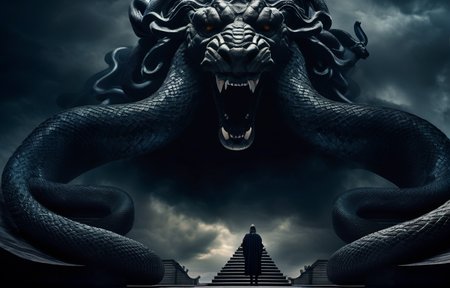cinematic photo A ((ominous creature)) prowls through the shadows, revealing glimpses of snakes and scales,((Medusa's presence)) is felt, a ((terrifying figure)) of legends, cursed with a gaze that turns flesh to stone, (mysterious:1.3), ultra-realistic mix fantasy, solo,dark clouds, (lovecraftien horror:1.1), (thunder:1.1), gloomy, disturbing, indescribable terror, (heavy fog:1.1), shadow, dark night, texture, masterpiece, great art, high quality, best quality, highly detailed, 8k, wide shot, panorama, (Bottom view:1.1),  Abyss Energy, Unsplash contest winner, (masterpiece,best quality:1.5) . 35mm photograph, film, bokeh, professional, 4k, highly detailed