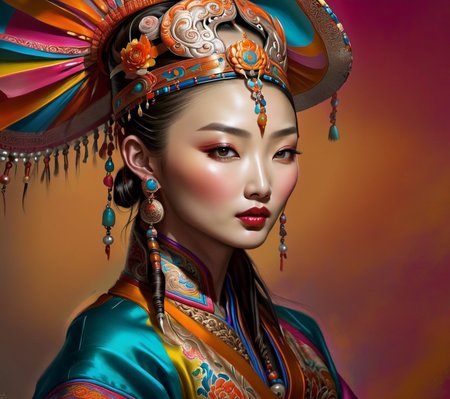 <lora:CulturePunkAI_2:.9>MongolPunkAI   fashion, woman Highly detailed, amazing, Impressive lighting, vibrant colors, Ultra Realistic, High quality, Highly detailed, trending on artstation