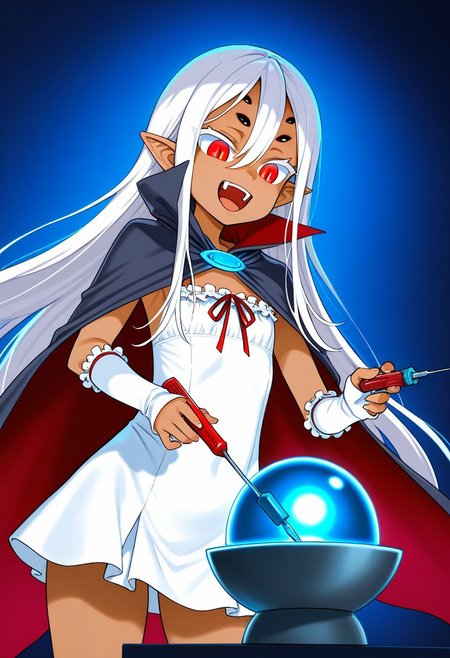 ((taimanin anemone, spider girl, dark-skinned female, expressive face, very long white hair, hair between eyes, pointy ears, red eyes, slit pupils, 6extra dark eyes, flat chest, white short dress, front chest ribbon, long black cape, white fingerless arm warmers)):1.3),
(1girl, solo, happy, mouth, open teeth, dumb face),
((demon_core, meme_demon_core, meme, 1screwdriver, holding screwdriver, screwdriver inside demon_core, blue light, blue radiation, ):1.3),
(score_9, score_8_up, score_7_up, score_6_up, masterpiece, best quality, newest, amazing quality, highres, enhanced colors, colored shadows, smooth edges, dynamic angle, wide shot, blending)