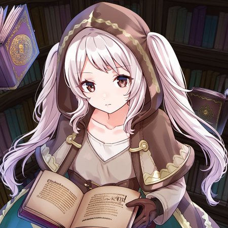 1girl, robin (female) (fire emblem), robin (fire emblem), book, brown eyes, brown gloves, closed mouth, collarbone, gloves, hood, hood down, long sleeves, open book, solo, twintails, upper body, white hair