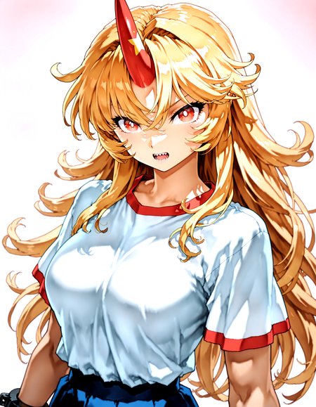 munakata_(sekimizu_kazuki):1.2,mogudan:0.8, hamada_yoshikazu ,toriyama_akira_(style) ,touhou ,hoshiguma_yuugi , highres ,1girl ,black_skirt, blonde_hair, breasts ,bright_pupils ,cuffs ,horns,  long_hair ,looking_at_viewer, medium_breasts, open_mouth, red_eyes ,red_horns, shackles ,sharp_teeth ,shirt, short_sleeves ,simple_background ,single_horn ,skirt solo, star_(symbol), teeth, upper_body ,white_shirt, messy_hair ,<lora:touhou_146:0.5>,<lora:illustrious_noobai_epsilon_pred_1_best_quality_v1:0.7> ,<lora:illustrious_noobai_epsilon_pred_1_masterpieces_v1:0.7>, <lora:ponyv4_noob1_2_adamW:0.5>,