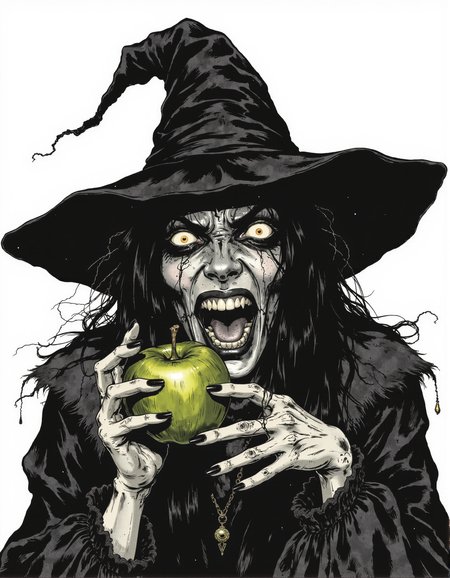 a graphic illustration, monochrome and greyscale image of an evil witch screaming, holding a green apple, black hair, witch hat, dainty hands, black nails, scary, spooky, <lora:Witchcore:0.9> w1tchc0re <lora:Poisoncore Flux:0.3> poisoncore