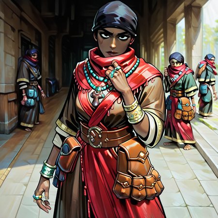 score_9, score_8_up, score_7_up, masterpiece, best quality, newest, absurdres, highres, DDAntiq-V1.1, scarf, bandana, robe, dark-skinned female, dark skin, belt pouch, pouch, necklace, belt, ring, bracelet, DDstyle, official style, black eyes, shaded eyes,