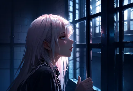 watercolor, lldn, detailed drawing, masterpiece, best quality, good quality, newest, highres, cinematic, volume light, vibrant,  blacklight, 
1girl, looking out, light from window, 
indoor, prison, hold grate, 