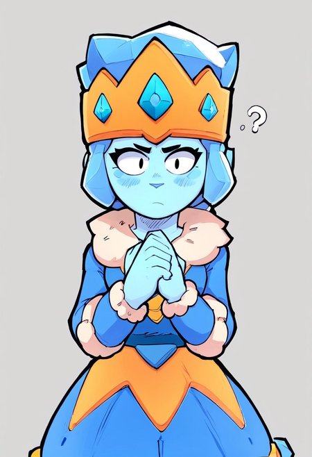 Score_9, Score_8_up, Score_7_up, sqamber, 1 Girl, Blue Fur, Low Braid, Tiara, Blue Dress, Fur Trim, Blue Eyes, Solo, Blue skin, blush, confused, looking_at_viewer