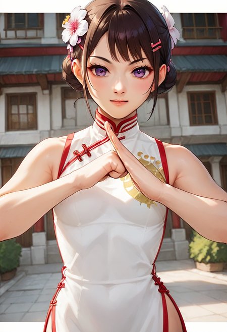 (fist-palm salute:1.5), score_9, score_8_up, score_7_up, source_anime, ultra detailed, 
Generate a picture of a girl making fist-palm salute in a big garden in front of a big traditional Chinese building,  (fist and palm folded in front), front view,  she is wearing a dragon print cheongsam, happy with light smile,
The girl is a teenage with (yellowish skin), has (medium brown hair) with bangs, tender and slender body with small breasts, narrow waist, she has (purple eyes), wearing hairclip and hair flower, 
 <lora:cocoaHoto_XL-Pony_LoRA-C3Lier_8-8-8-8_AdamW_Un3e-4_Te1.5e-4_10batch:1>,<lora:fist-palm_salute_Pony:0.8>