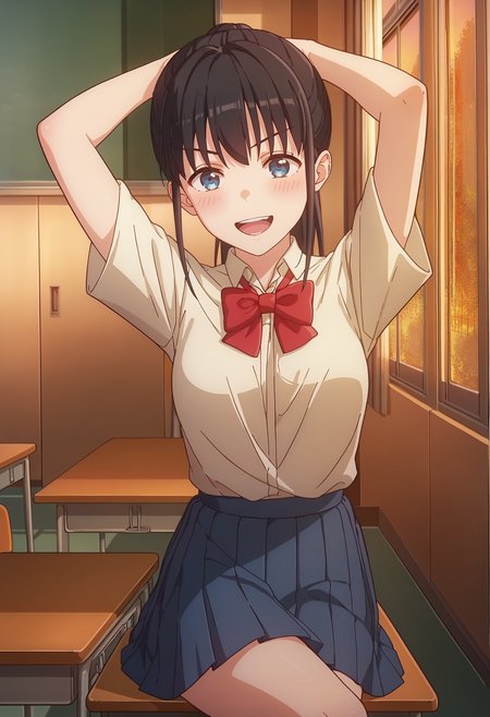 score_9, score_8_up, score_7_up, anime screencap, source_anime, 1girl, solo,
<lora:Airi_Sega_Iya_na_Kao_sare_nagara_Opantsu_Misete_Moraitai_V2:.85>, KJOairi, blue eyes, black hair, ponytail, bangs, sidelocks,
white school uniform, red bow, navy pleated skirt,
sitting on desk, crossed legs, smile, blush, open mouth, arms up, 
classroom, window, dusk, sunset,
(Beautiful, medium Breasts:1.2),