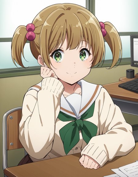 score_9, score_8_up, score_7_up, source_anime, <lora:satsuki-suzuki-s3-ponyxl-lora-nochekaiser:1>, satsuki suzuki, short hair, bangs, brown hair, hair ornament, twintails, green eyes, light brown hair, hair bobbles,, long sleeves, school uniform, serafuku, sailor collar, neckerchief, sleeves past wrists, cardigan, white sailor collar, kitauji high school uniform, green neckerchief, skirt, pleated skirt, brown skirt,, office, desks, chairs, computers, paperwork, smile, sitting, elbow rest, table,, looking at viewer, solo,, dutch angle, cowboy shot