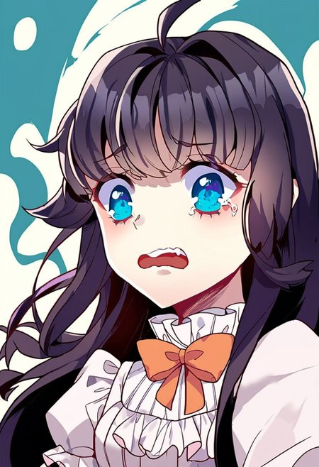 score_9,score_8_up,score_7_up,source_anime,zPDXL3,
*//*,<lora:BlancheFreidkin_v1.0:1.1>,blanche_freidkin1girl,blue eyes,black hair,long hair,hair intakes,ahoge,white dress,frilled dress,bow,
*//*,upper body,dutch angle,scared,