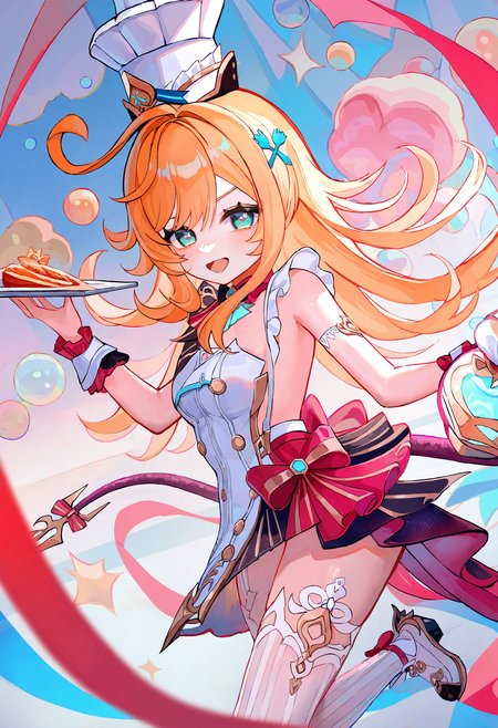 escoffier \(genshin impact\),1girl,chef hat,thighhighs,hair ornament,ahoge,solo,hat,chef hat,long hair,white thighhighs,wrist cuffs,striped thighhighs,striped,white headwear,sleeveless,tail,bow,skirt,
newest,absurdres,highres,masterpiece,best quality,year 2024,
(artist:tira 27:0.7),( artist:daylightallure:0.6),( artist:sasakure \(mogunonbi\):0.6),artist:taro-k,
<lora:escoffier_Noob10:1>,