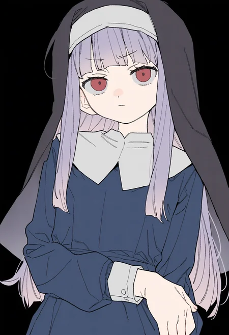 masterpiece,best quality,amazing quality,
1girl, solo, long hair, red eyes, dress, black background, bangs, school uniform, blue dress, purple hair, long sleeves, upper body, habit, blunt bangs, looking at viewer, closed mouth, long dress,
 <lora:Dayama_epoch_8:1>