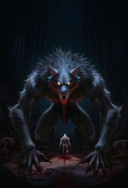 MASTERPIECE, AMAZING QUALITY, 3NDL3SS, BEAST, WEREWOLF, DARK, SHARP FANGS, BLOODY, ABOMINATION,