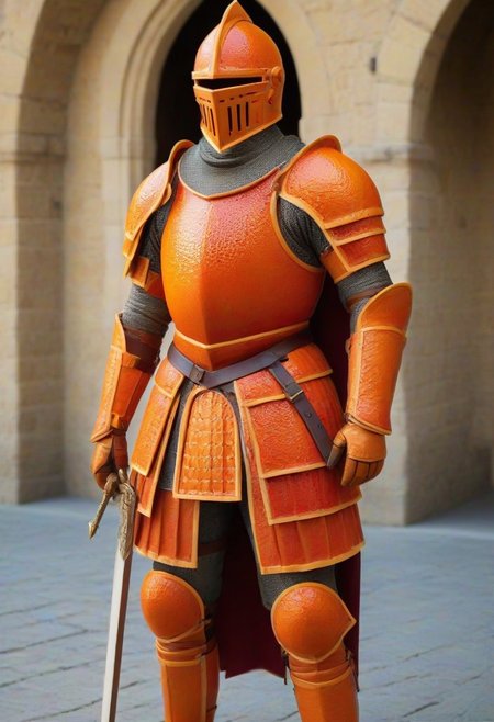masterpiece, hyper detailed, very realistic photograph, score_9, high quality, (best quality:1.2), made of orange, medieval orange knight with blood orange style armor, castle background
