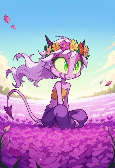 Dreamkeepers,1girl,Prelude_Namah,solo,demon tail, green eyes, horns, 
child,
hippie , pant , flowerchild girl , flower crown ,Hair Wreath , long hair , strapless cropped top , flower ,colorful , vibrant , sitting , barefoot , flower field , blue sky , flowing hair , cheerful , wind , flower petal ,
masterpiece, best quality ,amazing quality ,S4bit4mago_illu , xxx667_illu ,Protoneon  , ma1ma1helmes_b_illu,